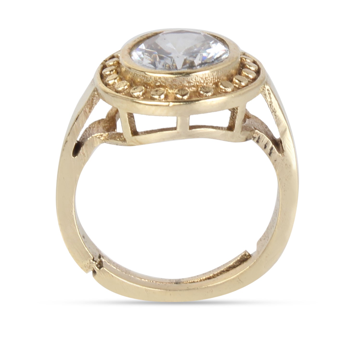 Exquisite Handcrafted Gold-Plated White Zircon Halo Statement Adjustable Ring for Unisex – Timeless Artisanal Elegance and Astrological Power for Prosperity and Mental Clarity