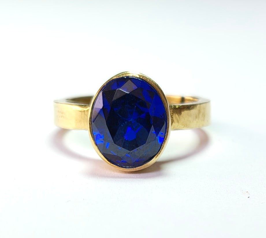 Deep Blue Sapphire Oval Solitaire Ring Yellow Gold Plated Minimalist Bezel Setting Statement Jewelry for Men and Women
