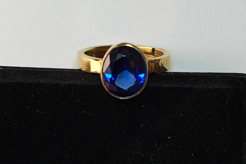 Deep Blue Sapphire Oval Solitaire Ring Yellow Gold Plated Minimalist Bezel Setting Statement Jewelry for Men and Women