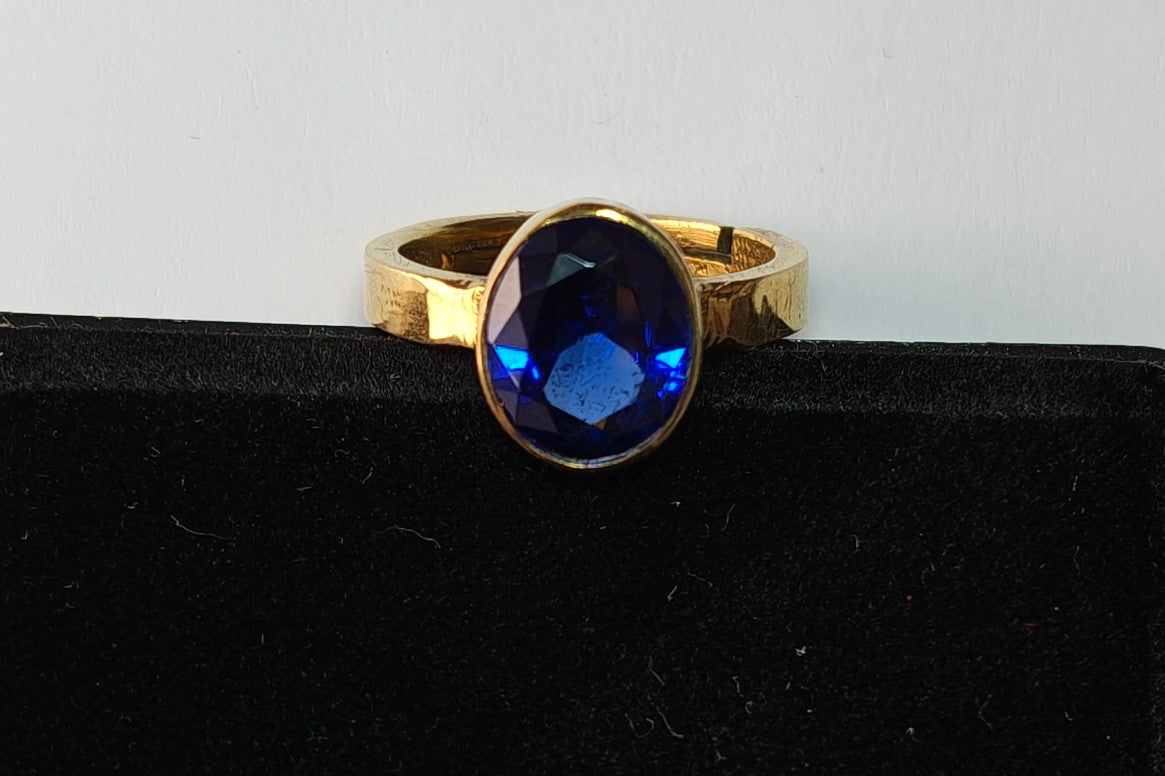 Deep Blue Sapphire Oval Solitaire Ring Yellow Gold Plated Minimalist Bezel Setting Statement Jewelry for Men and Women