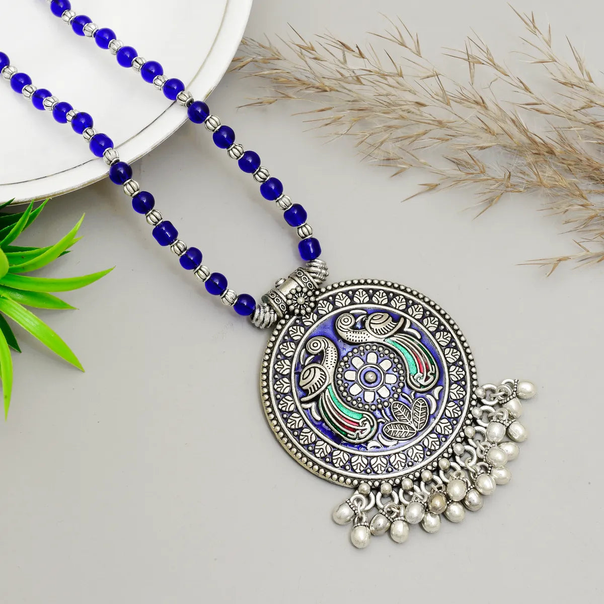 Blue Brass Round Shape Pendant Handmade Necklace for Women