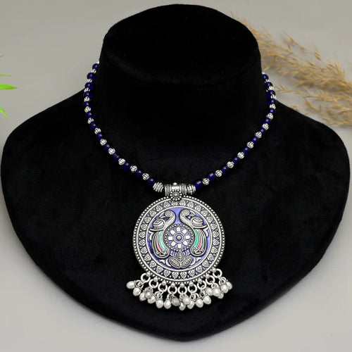Blue Brass Round Shape Pendant Handmade Necklace for Women