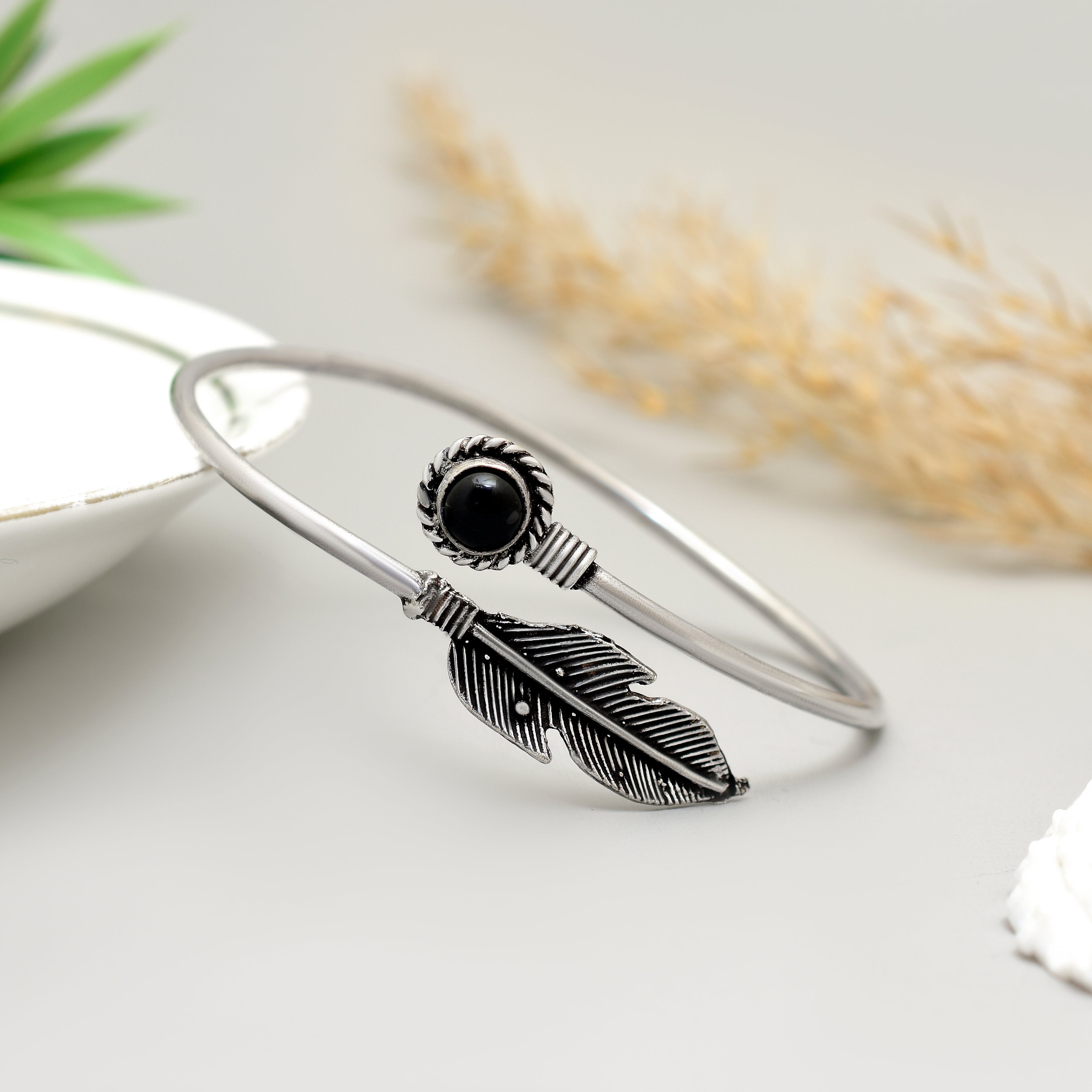Exquisite Handcrafted Oxidised Silver Leaf & Black Onyx Cuff Bracelet Timeless Artisanal Elegance and Boho-Chic Statement Jewelry