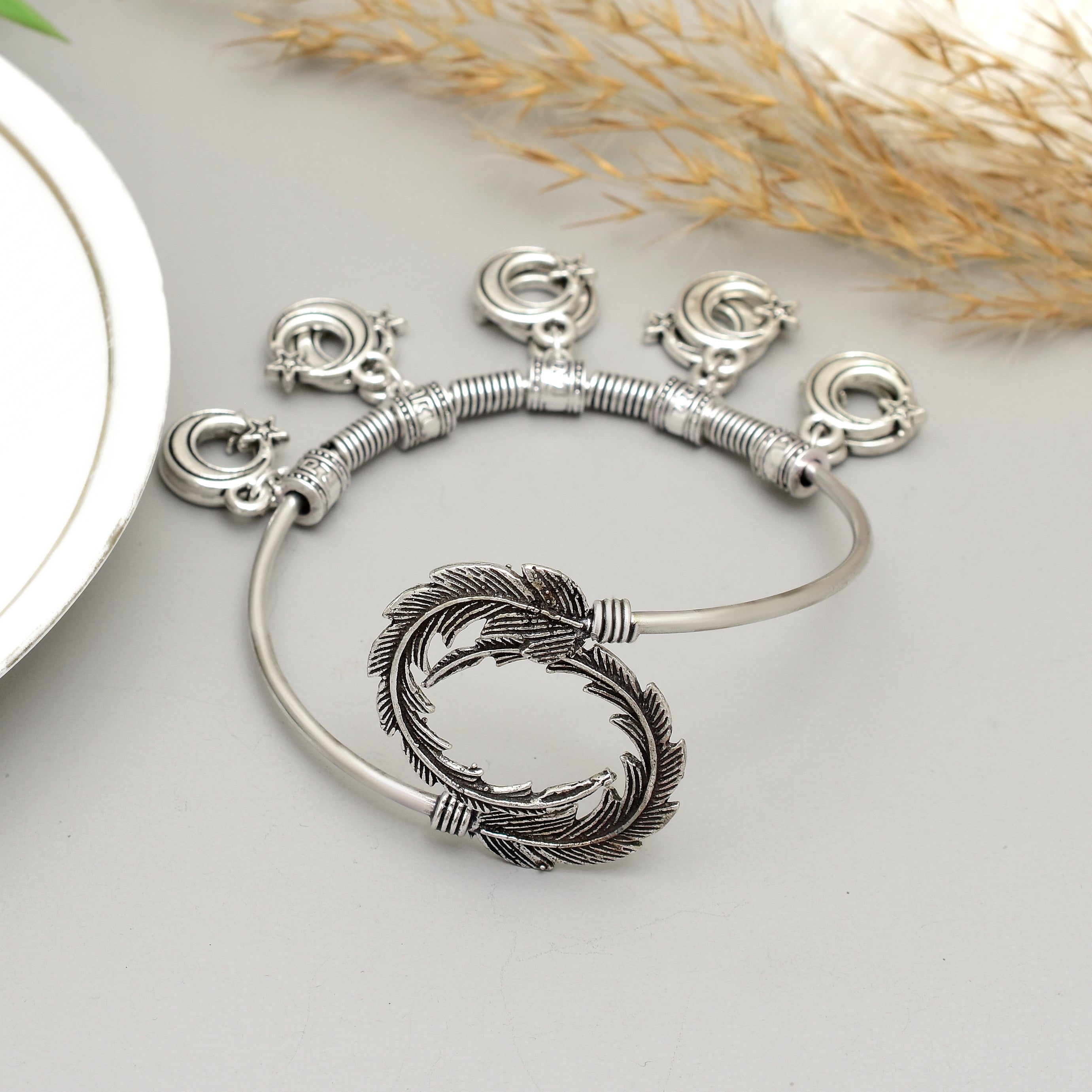 Exquisite Handcrafted Oxidised Silver Tribal Star & Moon Charm Bracelet – Timeless Artisanal Elegance and Boho-Chic Statement Jewelry