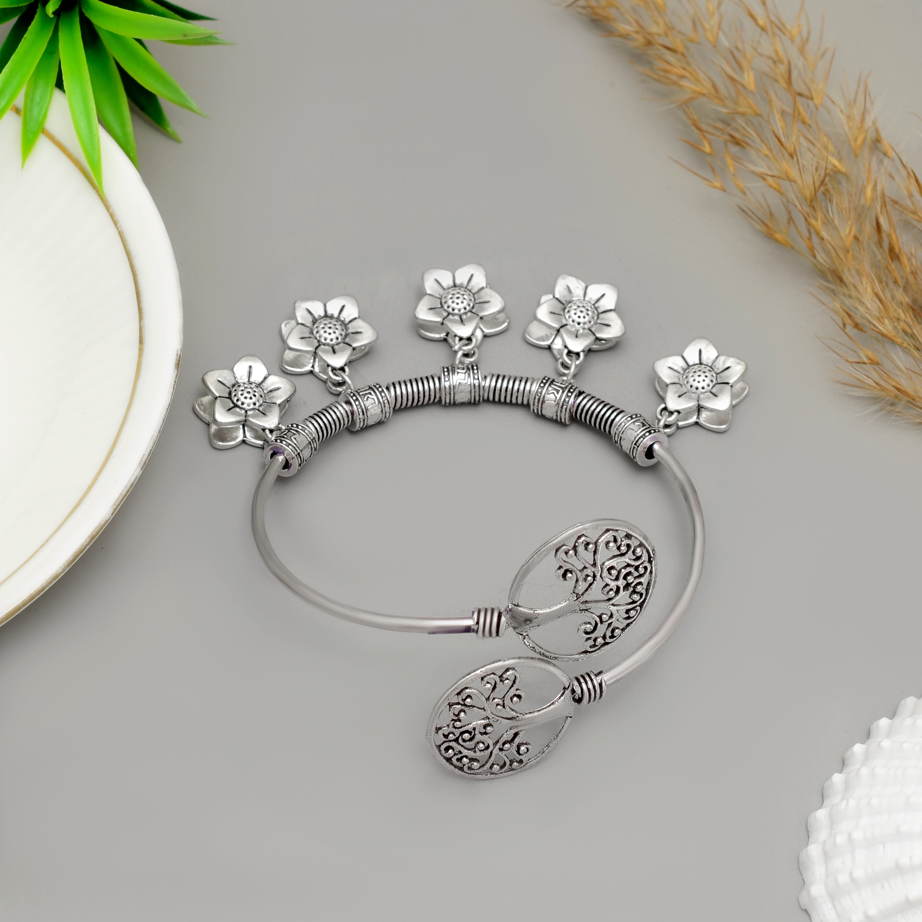 Exquisite Handcrafted Oxidised Silver Floral & Tree of Life Charm Kada – Timeless Artisanal Elegance and Boho-Chic Statement Jewelry