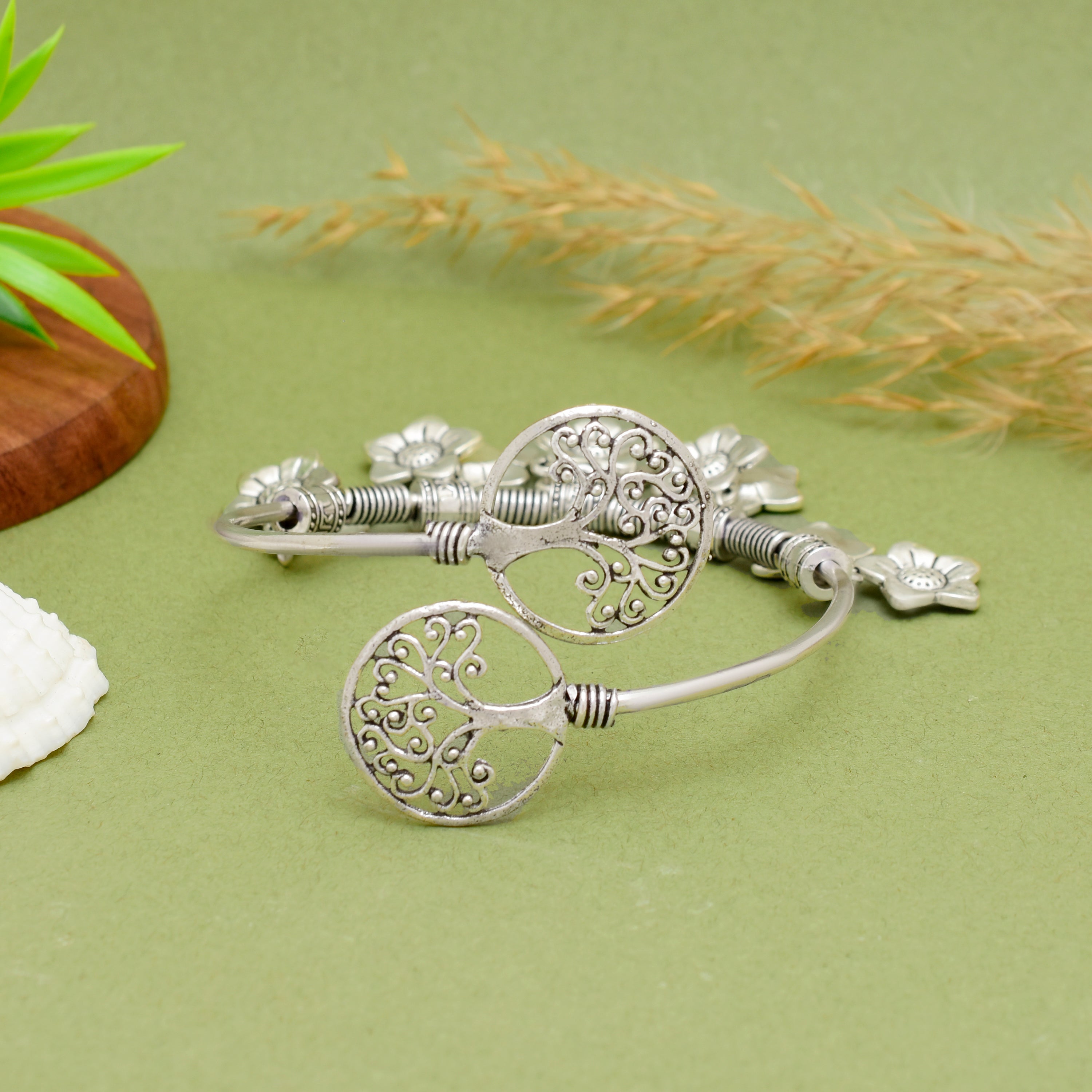 Exquisite Handcrafted Oxidised Silver Floral & Tree of Life Charm Kada – Timeless Artisanal Elegance and Boho-Chic Statement Jewelry