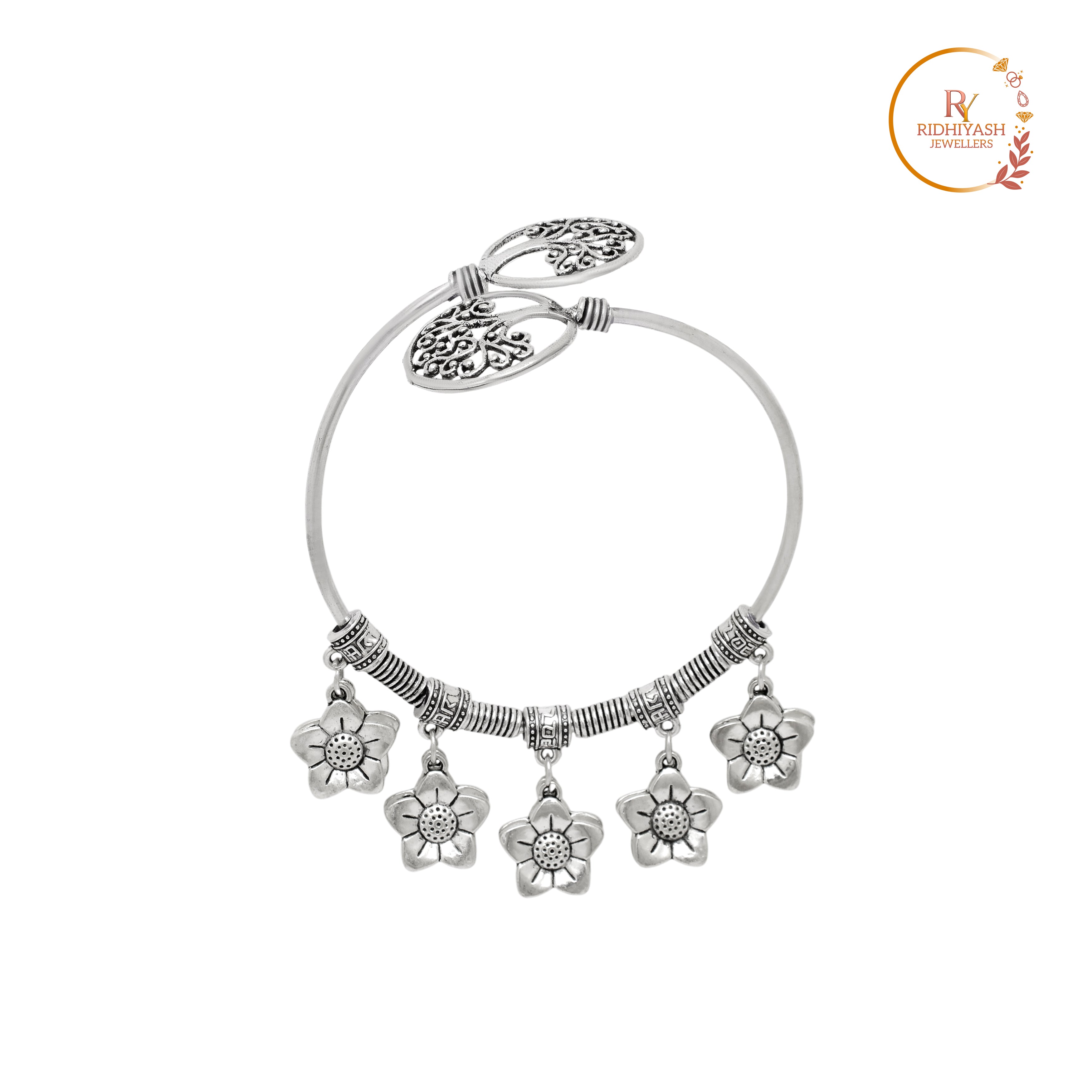 Exquisite Handcrafted Oxidised Silver Floral & Tree of Life Charm Kada – Timeless Artisanal Elegance and Boho-Chic Statement Jewelry