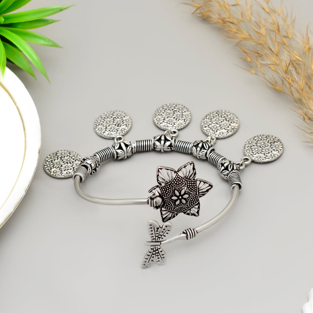 Exquisite Handcrafted Oxidised Silver Floral & Butterfly Charm Kada Timeless Artisanal Elegance and Boho Chic Statement Jewelry
