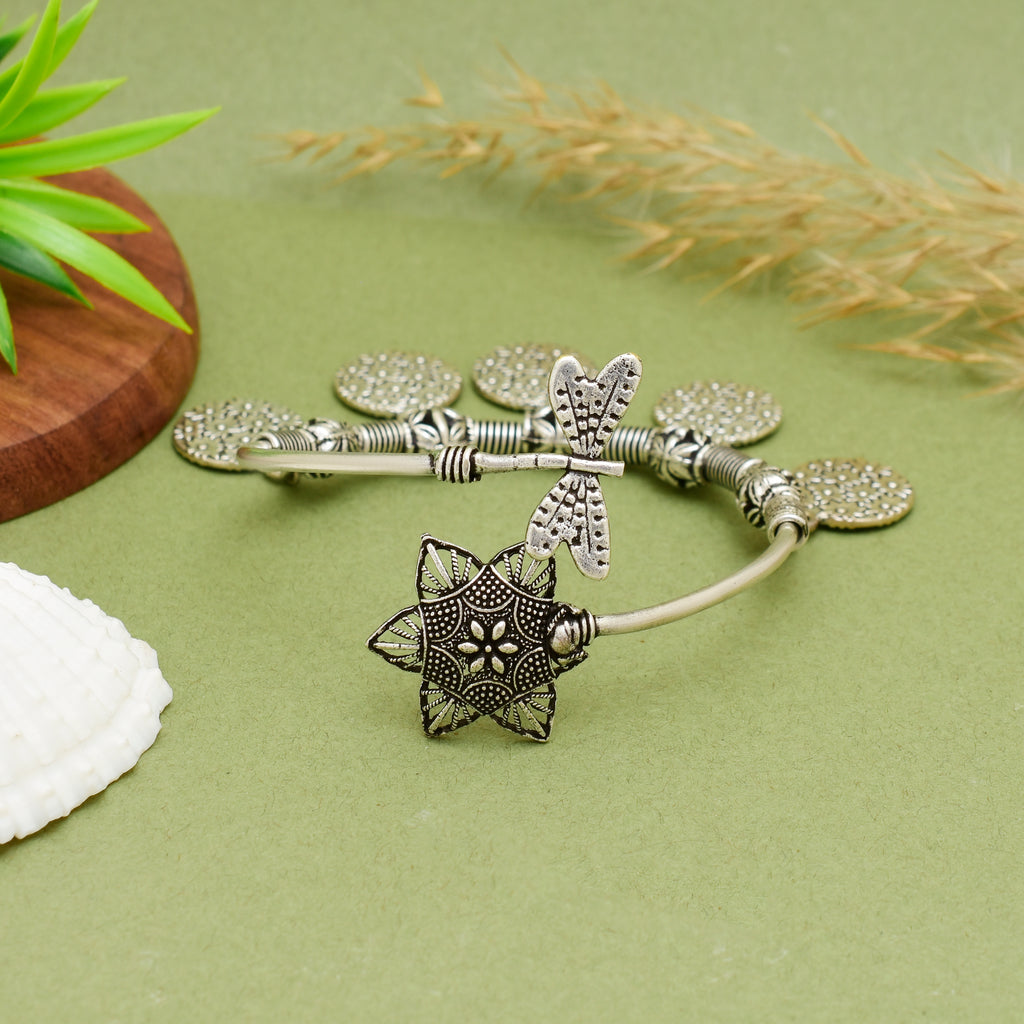 Exquisite Handcrafted Oxidised Silver Floral & Butterfly Charm Kada Timeless Artisanal Elegance and Boho Chic Statement Jewelry
