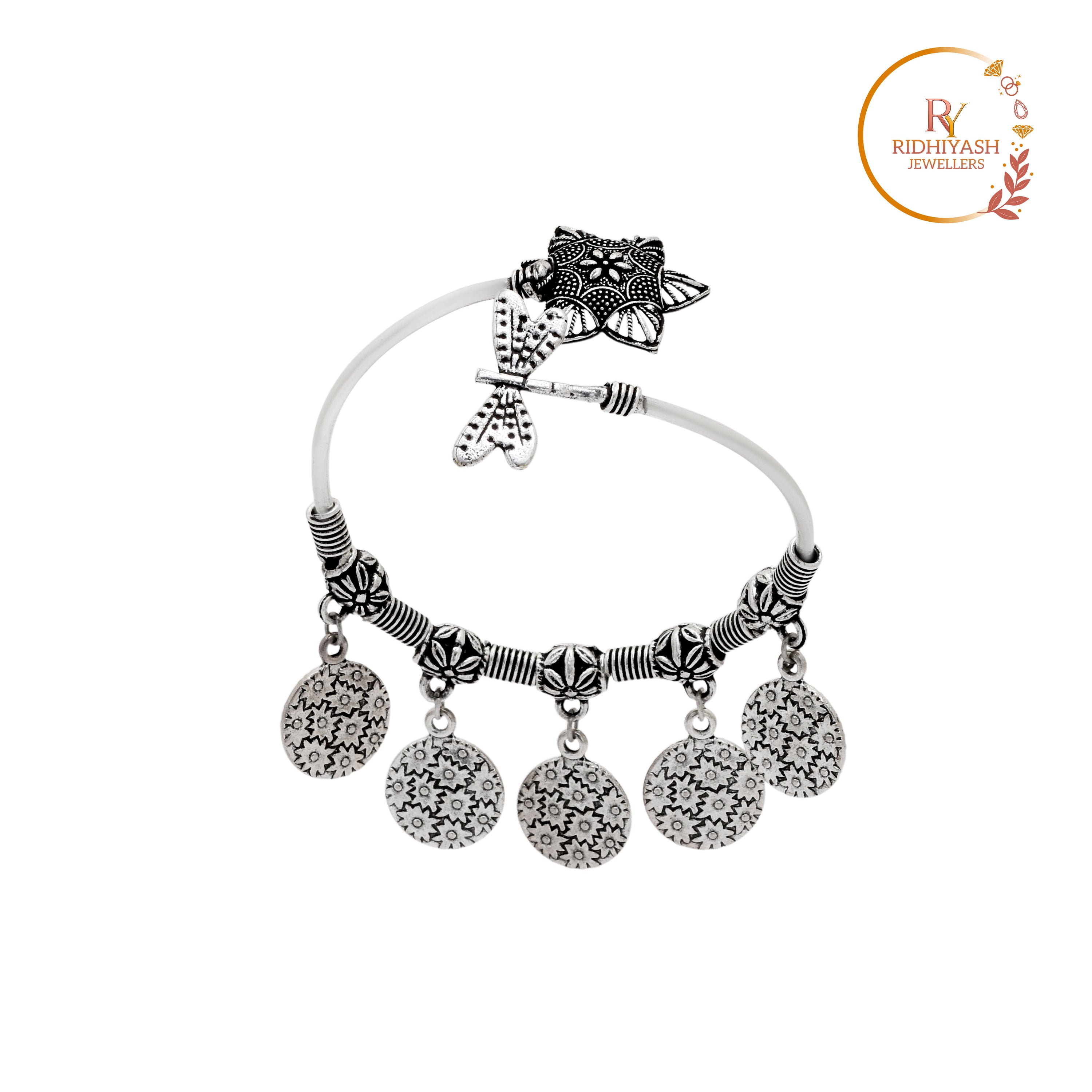 Exquisite Handcrafted Oxidised Silver Floral & Butterfly Charm Kada Timeless Artisanal Elegance and Boho Chic Statement Jewelry