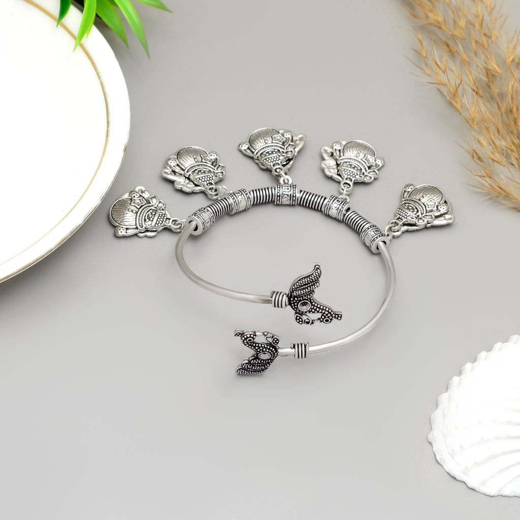 Exquisite Handcrafted Oxidised Silver Butterfly & Peacock Charm Kada – Timeless Artisanal Elegance and Boho-Chic Statement Jewelry