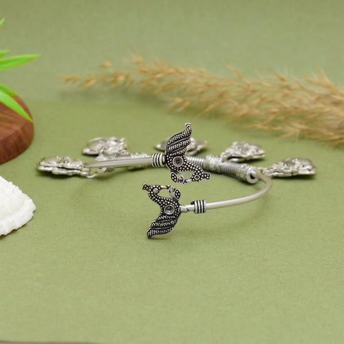 Exquisite Handcrafted Oxidised Silver Butterfly & Peacock Charm Kada – Timeless Artisanal Elegance and Boho-Chic Statement Jewelry