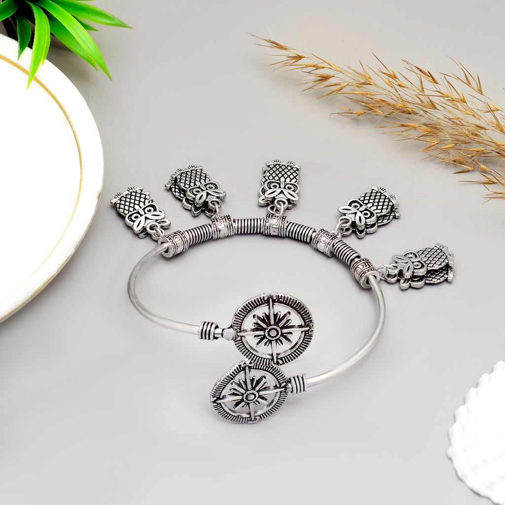 Exquisite Handcrafted Oxidised Silver Tribal Owl & Sun Charm Kada – Adjustable Boho-Chic Statement Bracelet for Women & Girls