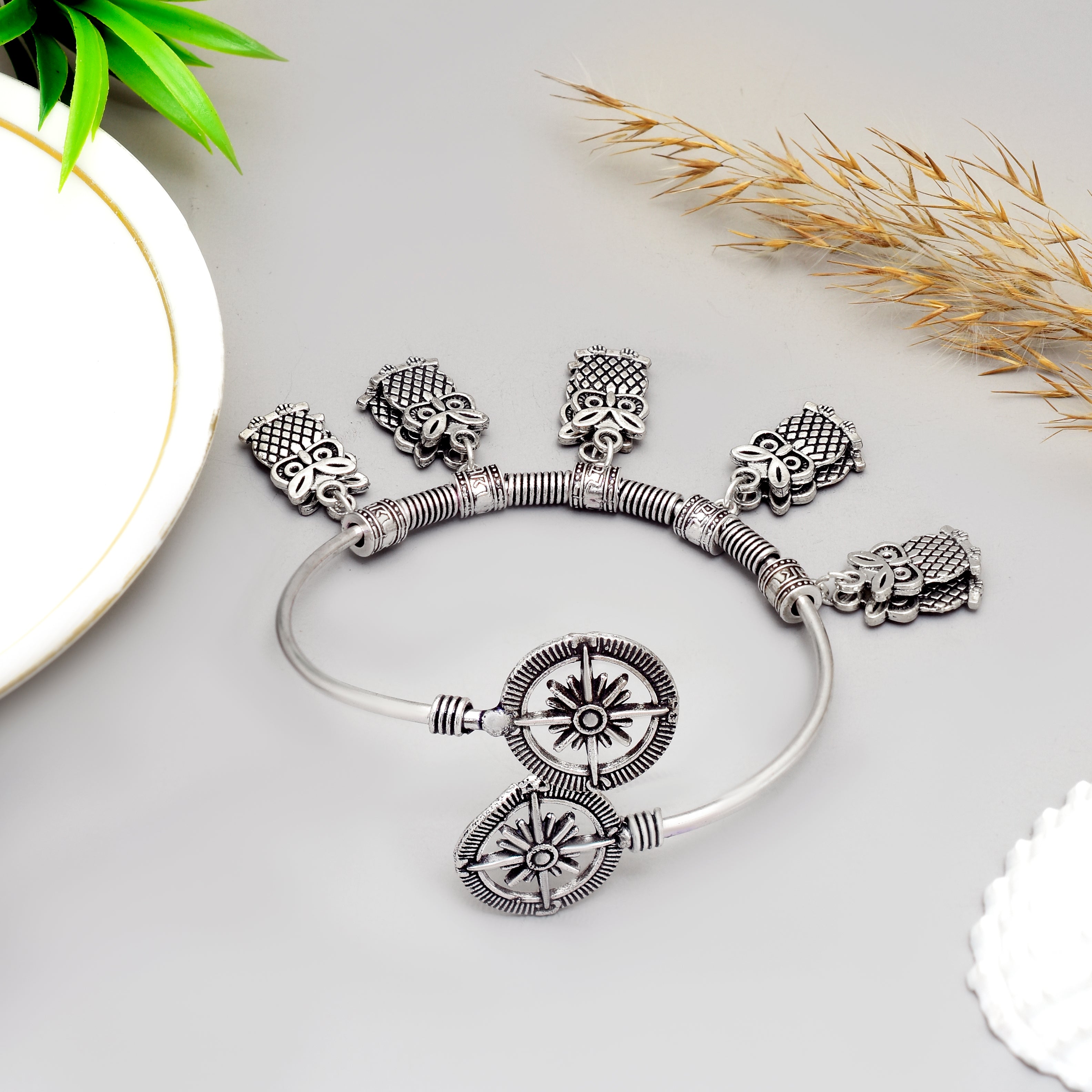 Exquisite Handcrafted Oxidised Silver Tribal Owl & Sun Charm Kada – Adjustable Boho-Chic Statement Bracelet for Women & Girls