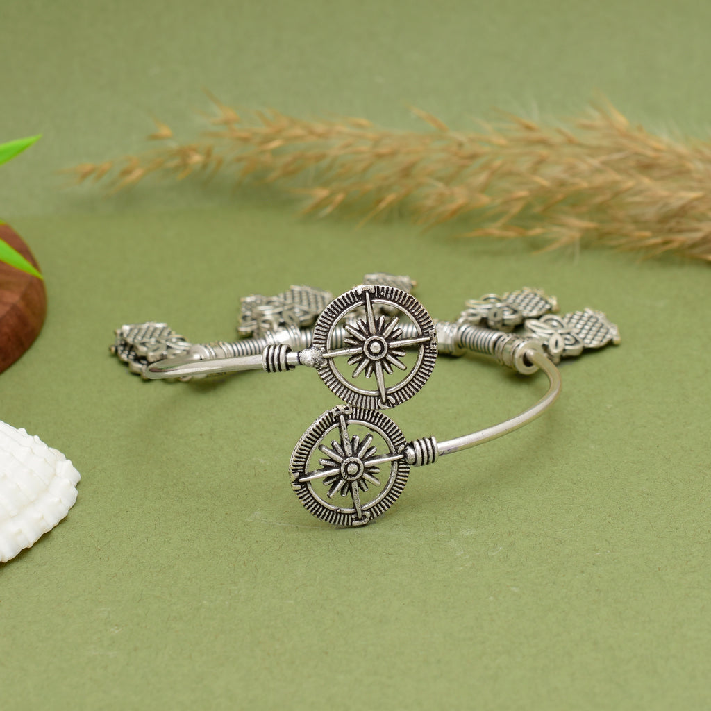Exquisite Handcrafted Oxidised Silver Tribal Owl & Sun Charm Kada – Adjustable Boho-Chic Statement Bracelet for Women & Girls