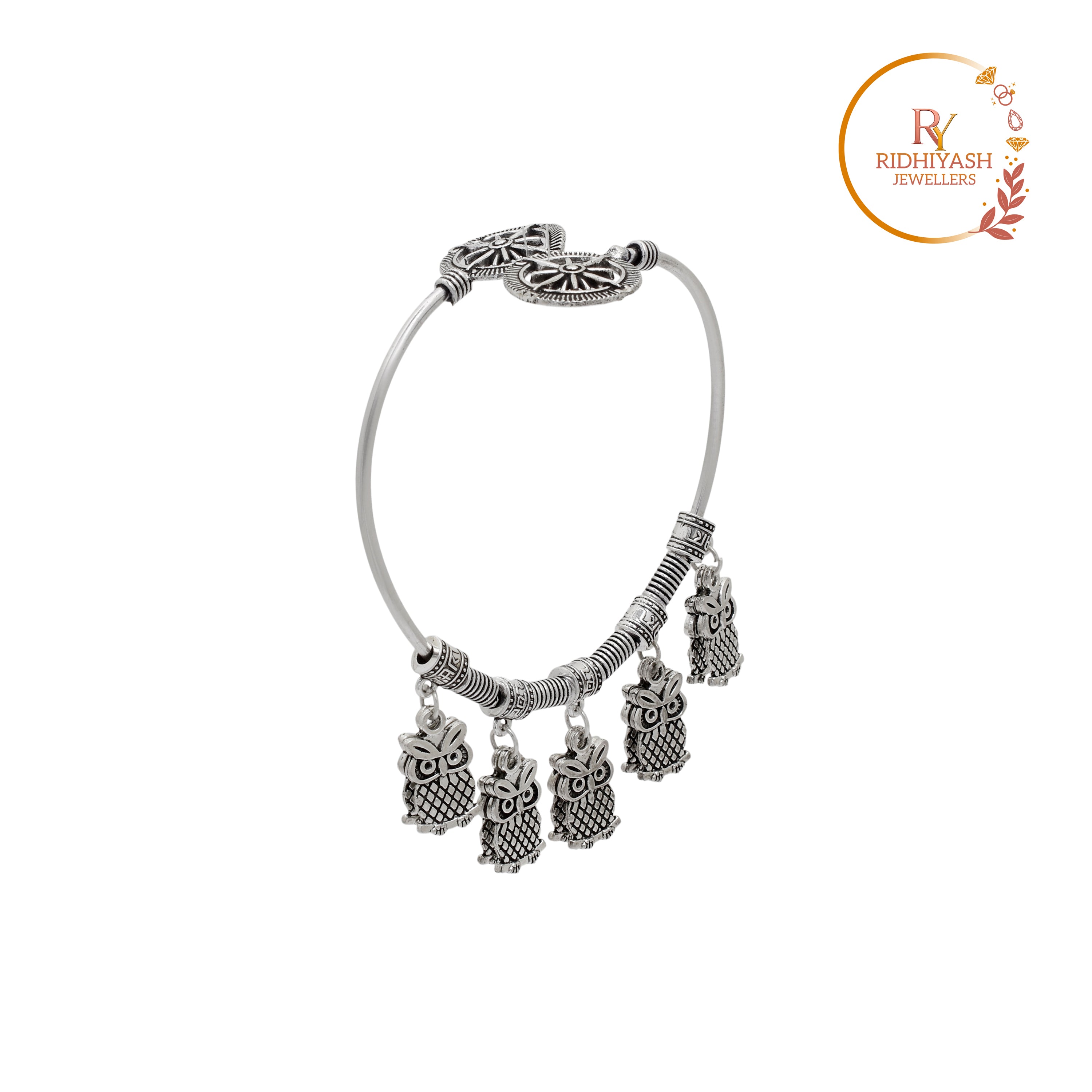 Exquisite Handcrafted Oxidised Silver Tribal Owl & Sun Charm Kada – Adjustable Boho-Chic Statement Bracelet for Women & Girls
