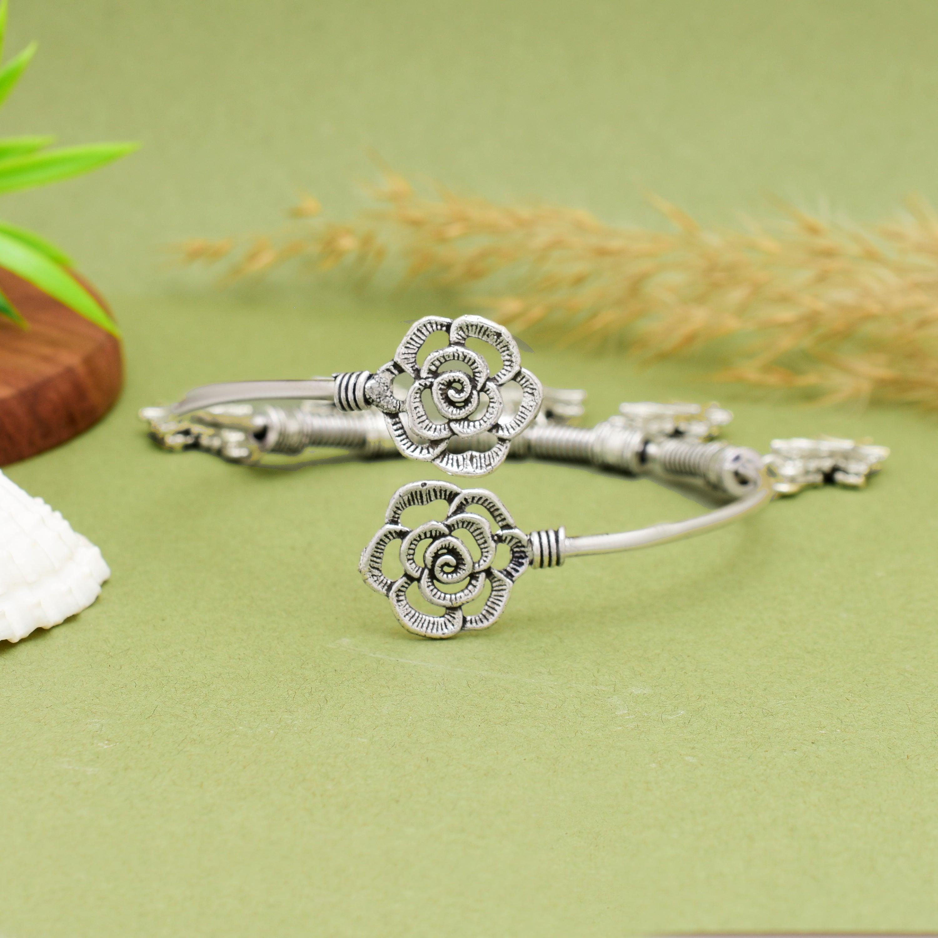 Exquisite Handcrafted Oxidised Silver Leaf & Rose Charm Kada – Timeless Artisanal Elegance and Boho-Chic Statement Jewelry