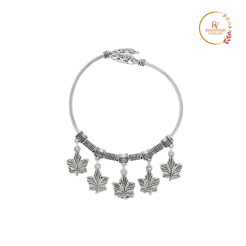 Exquisite Handcrafted Oxidised Silver Leaf & Rose Charm Kada – Timeless Artisanal Elegance and Boho-Chic Statement Jewelry
