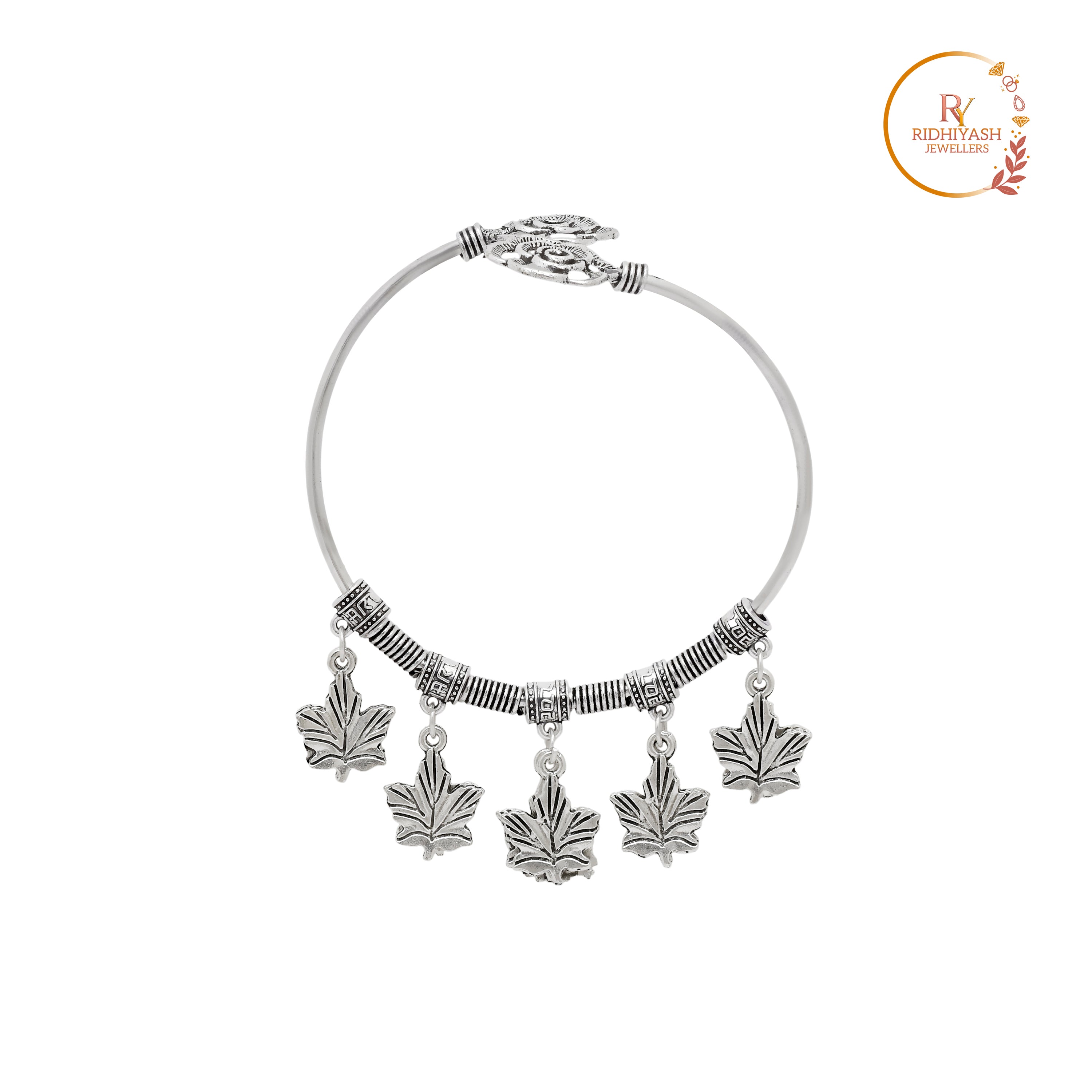 Exquisite Handcrafted Oxidised Silver Leaf & Rose Charm Kada – Timeless Artisanal Elegance and Boho-Chic Statement Jewelry