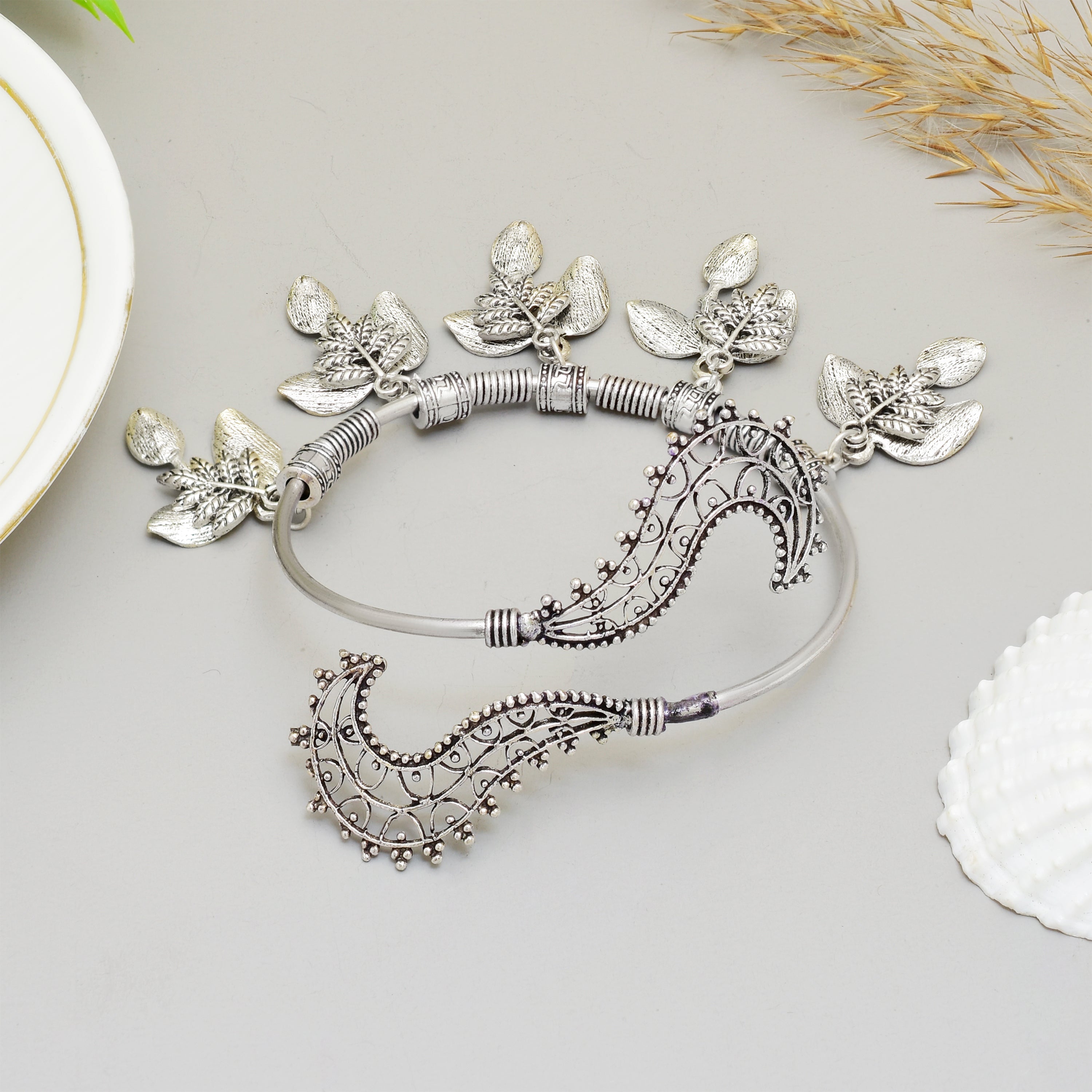Exquisite Handcrafted Oxidised Silver Leaf & Paisley Statement Kada – Adjustable Boho-Chic Tribal Bracelet for Women