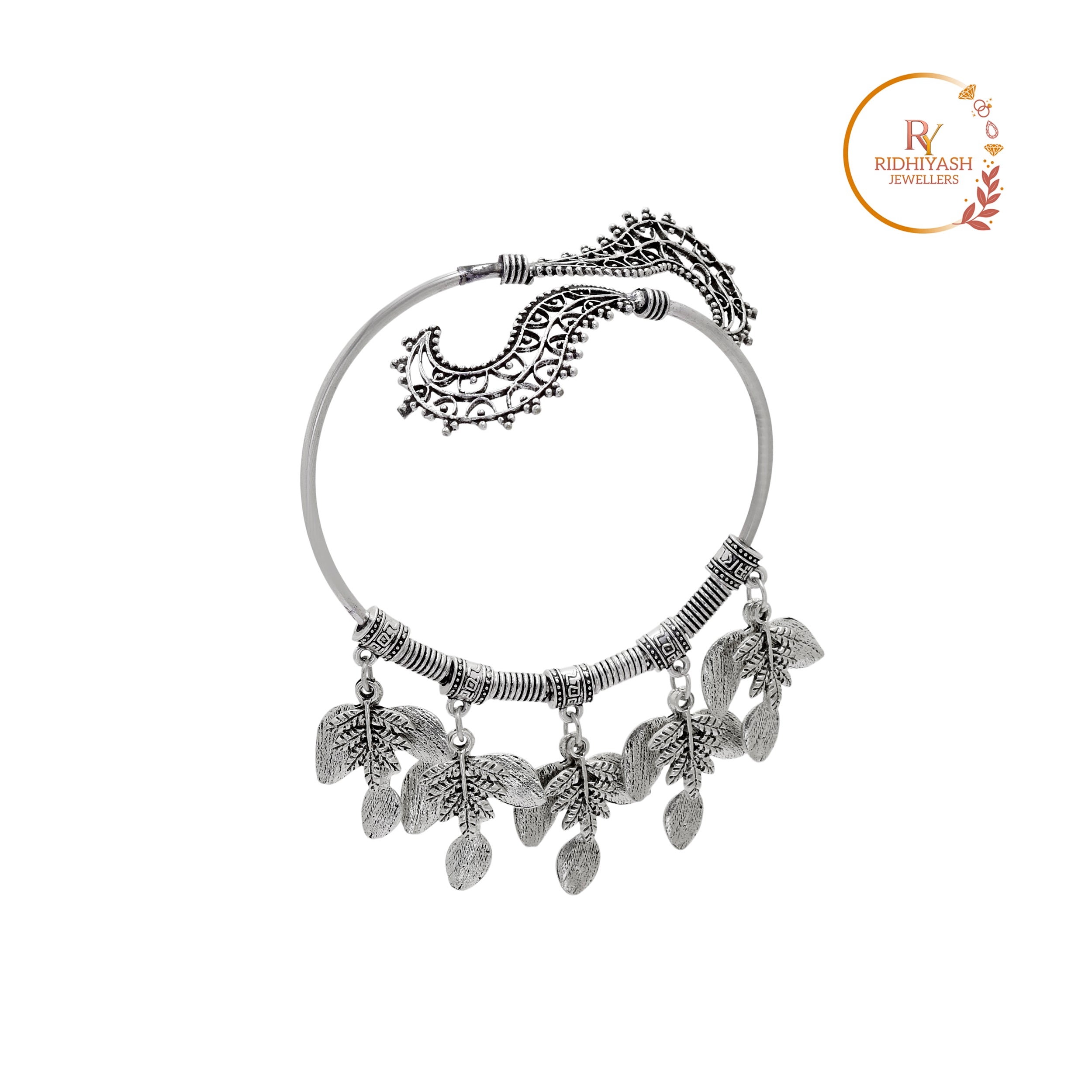 Exquisite Handcrafted Oxidised Silver Leaf & Paisley Statement Kada – Adjustable Boho-Chic Tribal Bracelet for Women