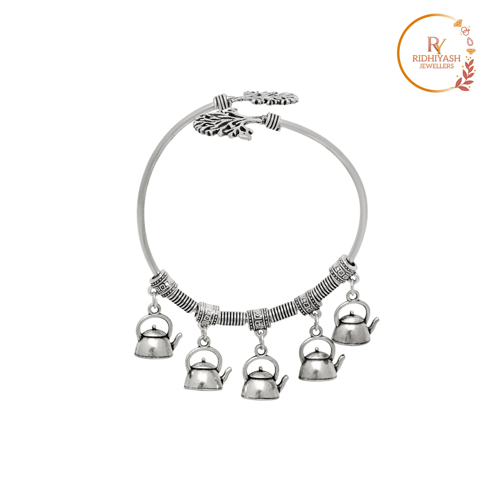 Exquisite Handcrafted Oxidised Silver Tree of Life Statement Kada – Adjustable Boho-Chic Tribal Bracelet with Bell Charms