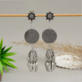 Oxidised Silver-Toned Traditional Jhumka Earrings with Sun-Motif Stud and Mesh-Pattern Dangler