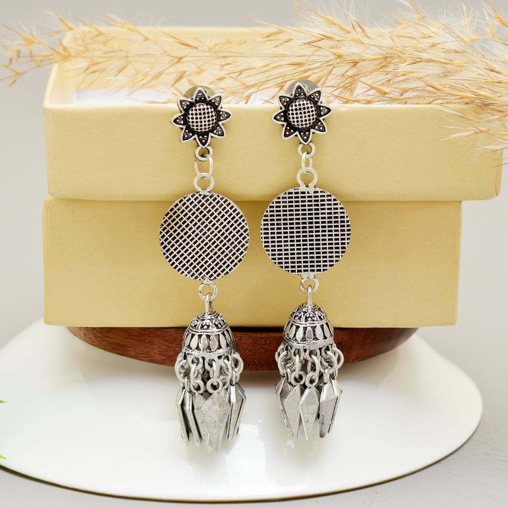 Oxidised Silver-Toned Traditional Jhumka Earrings with Sun-Motif Stud and Mesh-Pattern Dangler