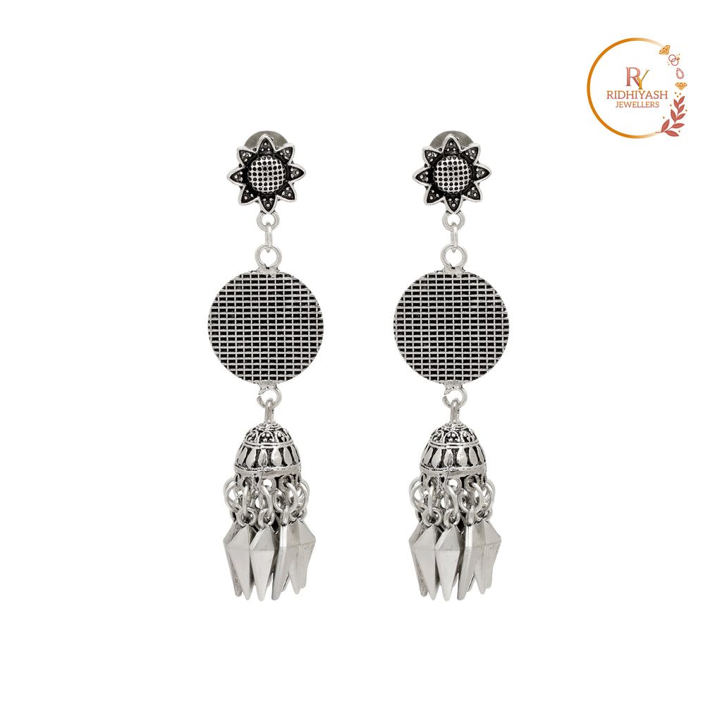 Oxidised Silver-Toned Traditional Jhumka Earrings with Sun-Motif Stud and Mesh-Pattern Dangler