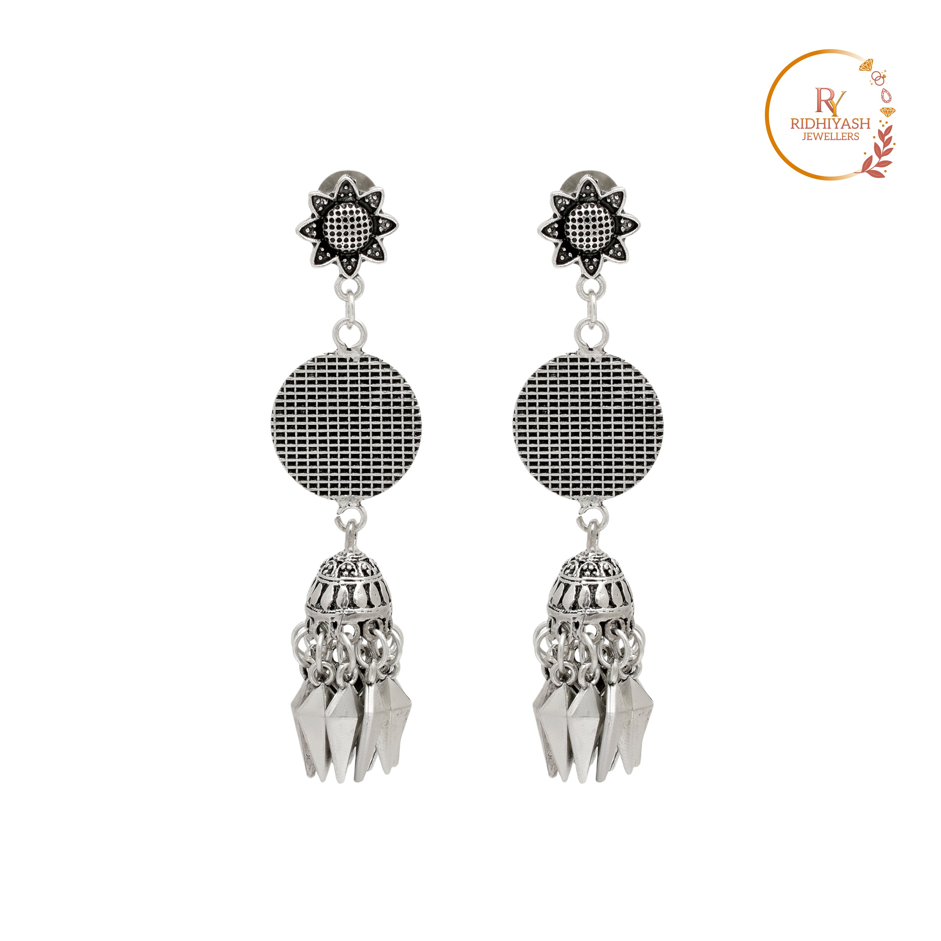 Oxidised Silver-Toned Traditional Jhumka Earrings with Sun-Motif Stud and Mesh-Pattern Dangler
