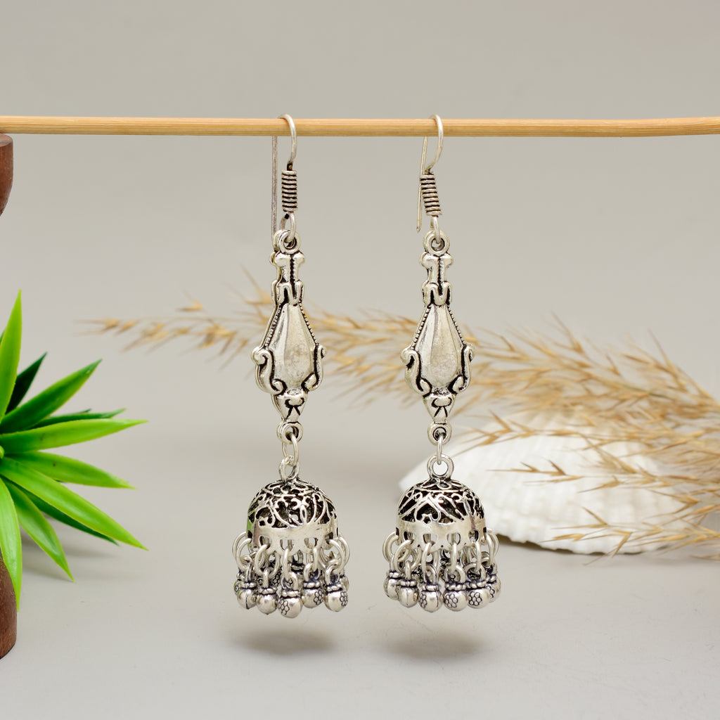 Traditional Oxidised Silver-Plated Jhumka Earrings with Teardrop Dangler and Filigree Mesh Design