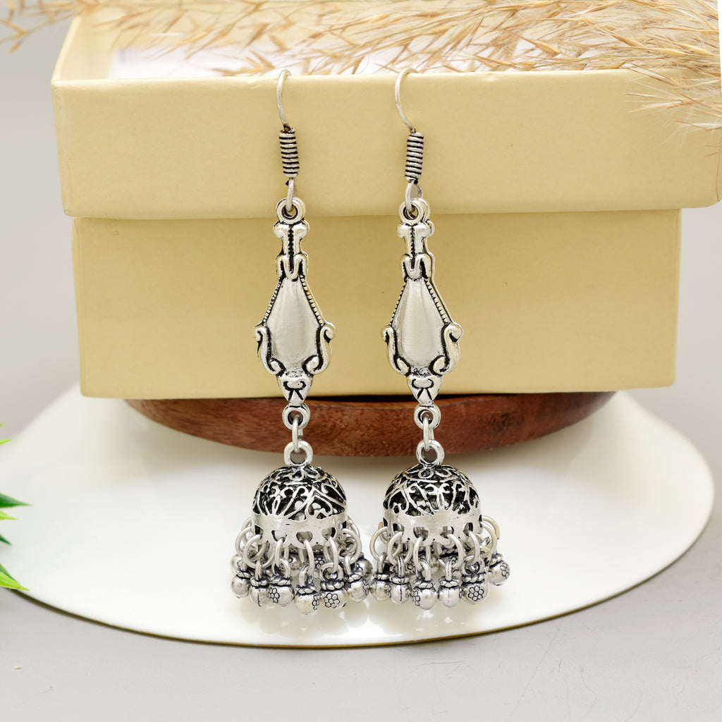 Traditional Oxidised Silver-Plated Jhumka Earrings with Teardrop Dangler and Filigree Mesh Design