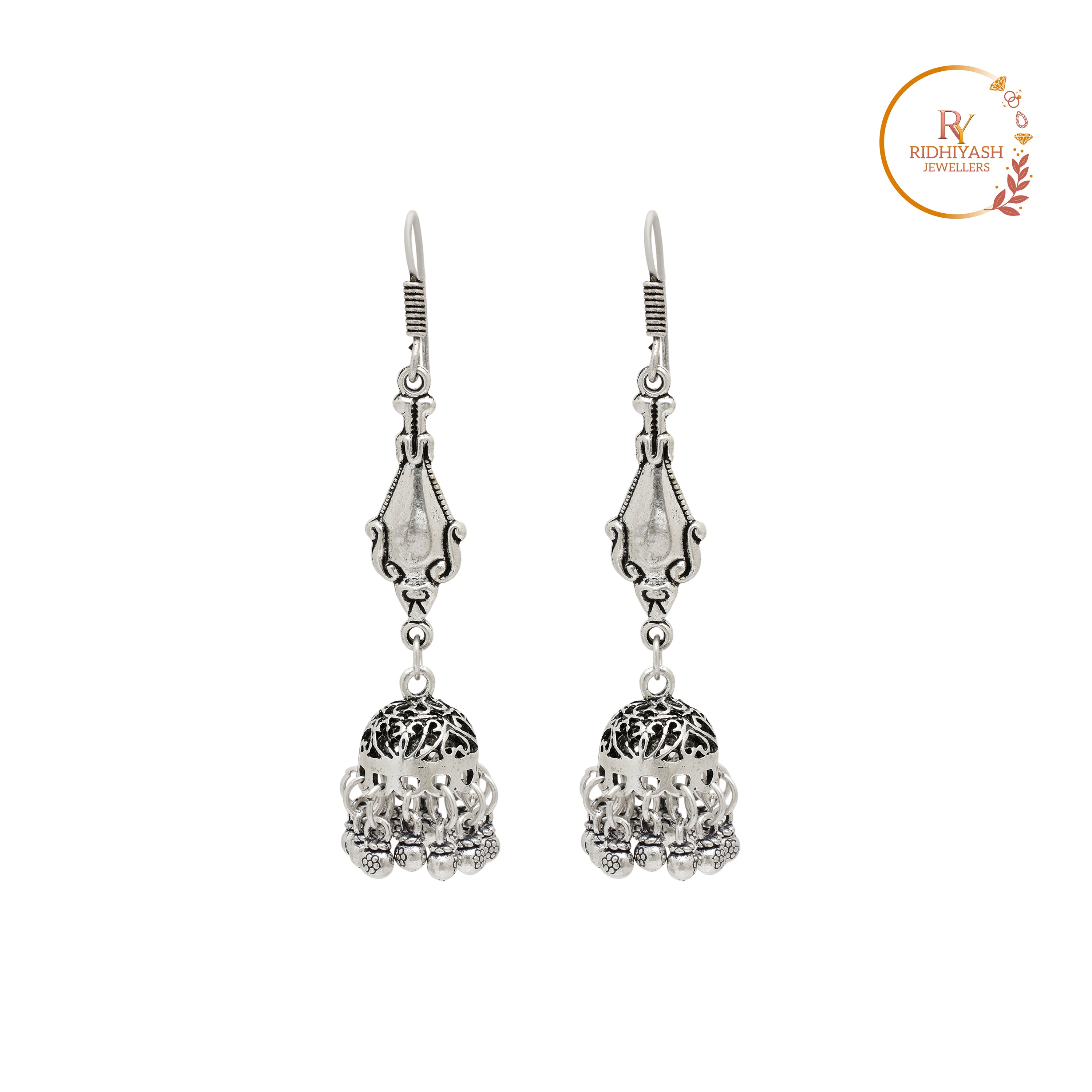 Traditional Oxidised Silver-Plated Jhumka Earrings with Teardrop Dangler and Filigree Mesh Design