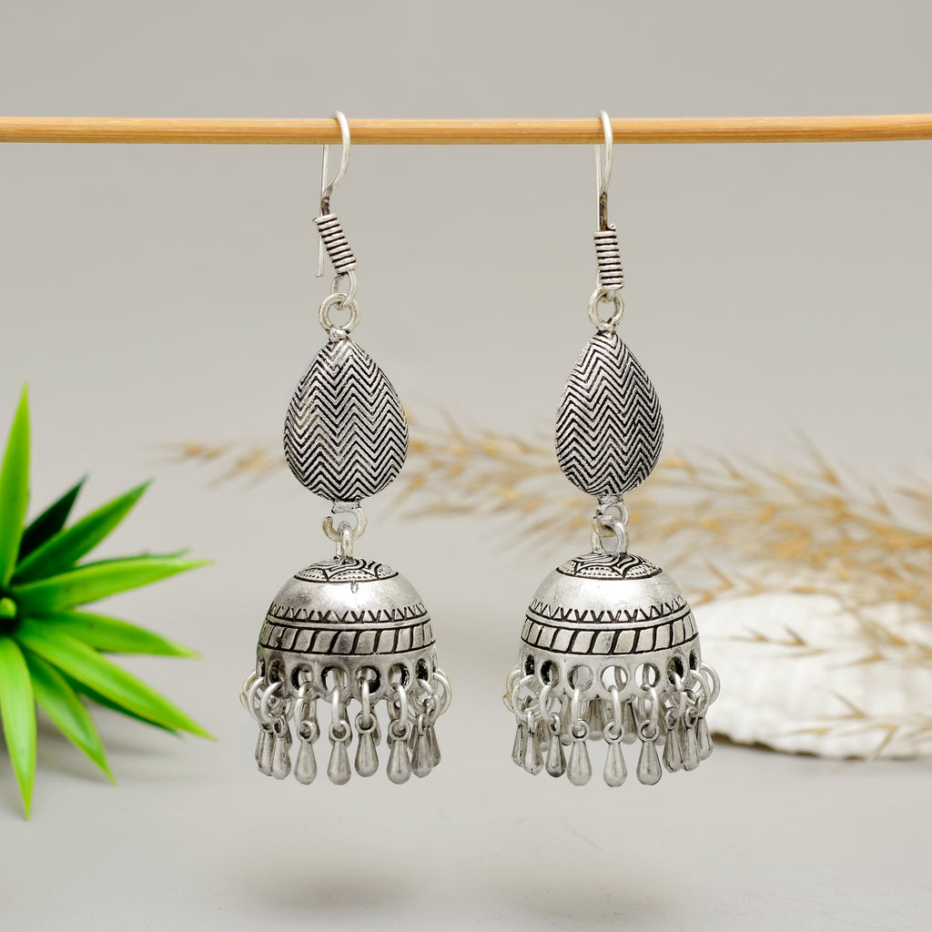 Traditional Oxidised Silver Teardrop Jhumka Earrings with Chevron Texture and Beaded Tassels