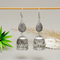 Traditional Oxidised Silver Teardrop Jhumka Earrings with Chevron Texture and Beaded Tassels