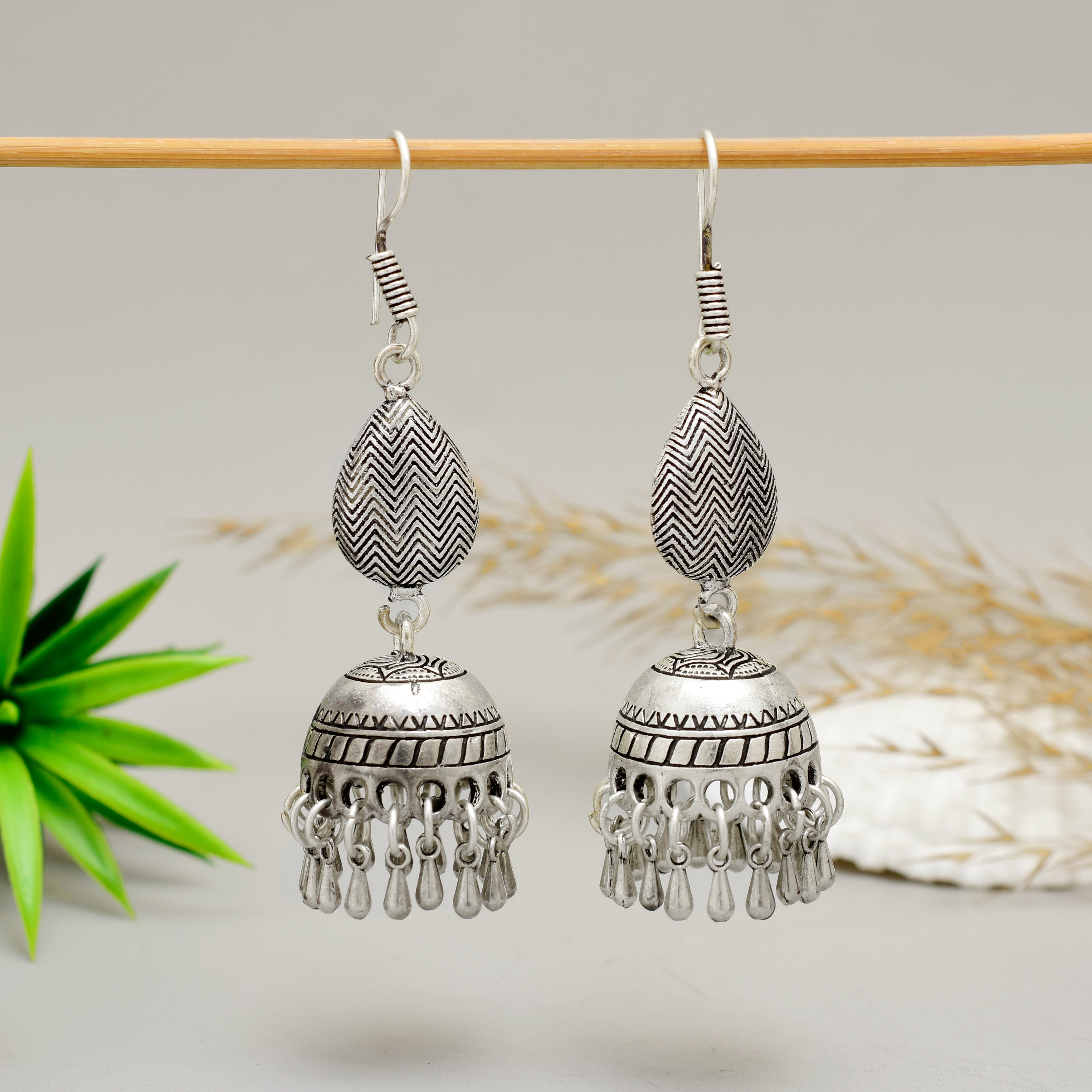 Traditional Oxidised Silver Teardrop Jhumka Earrings with Chevron Texture and Beaded Tassels