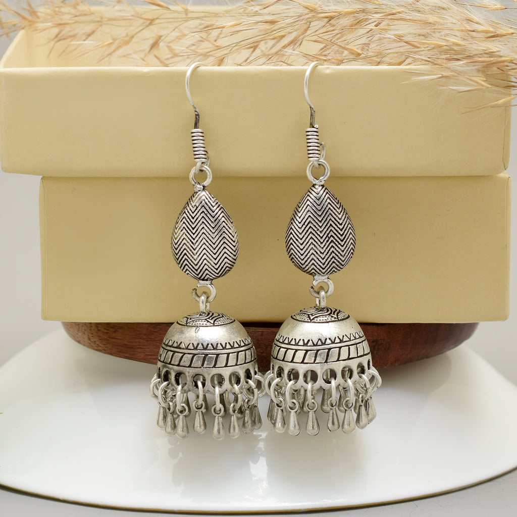 Traditional Oxidised Silver Teardrop Jhumka Earrings with Chevron Texture and Beaded Tassels