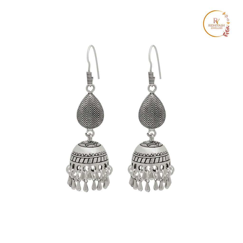 Traditional Oxidised Silver Teardrop Jhumka Earrings with Chevron Texture and Beaded Tassels