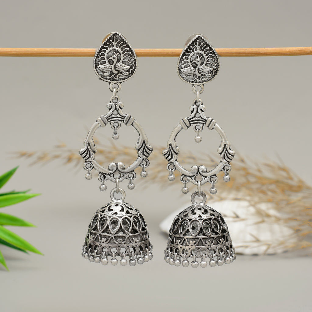 Traditional Oxidised Silver Peacock Motif Multi-Tier Jhumka Earrings – Handcrafted Artisanal Statement Jewelry for Festivals and Ethnic Wear