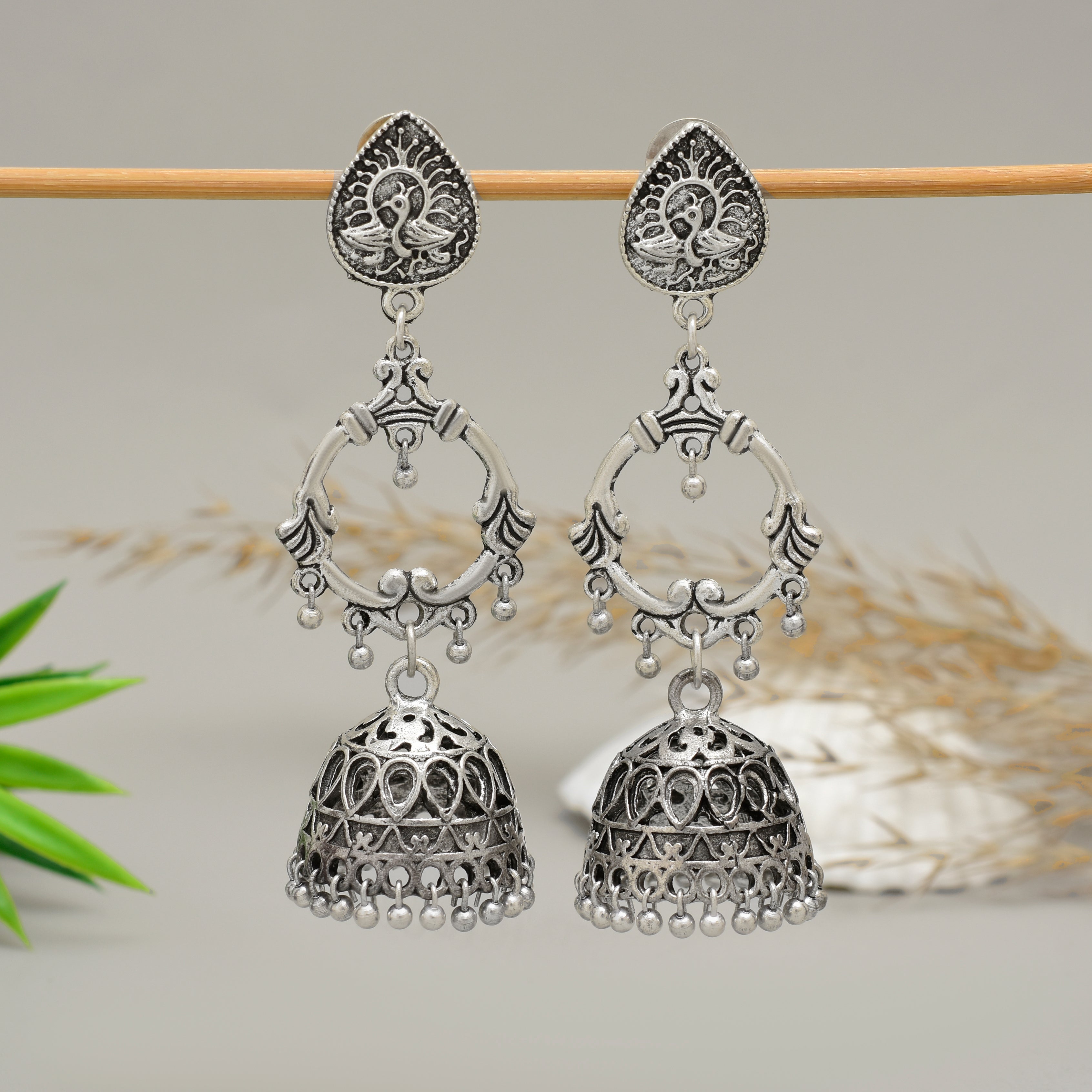 Traditional Oxidised Silver Peacock Motif Multi-Tier Jhumka Earrings – Handcrafted Artisanal Statement Jewelry for Festivals and Ethnic Wear