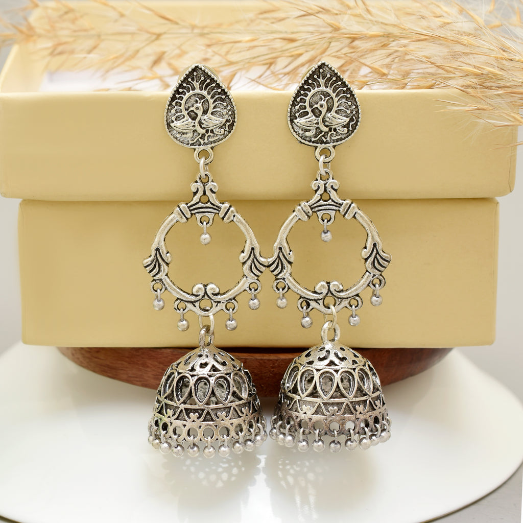 Traditional Oxidised Silver Peacock Motif Multi-Tier Jhumka Earrings – Handcrafted Artisanal Statement Jewelry for Festivals and Ethnic Wear