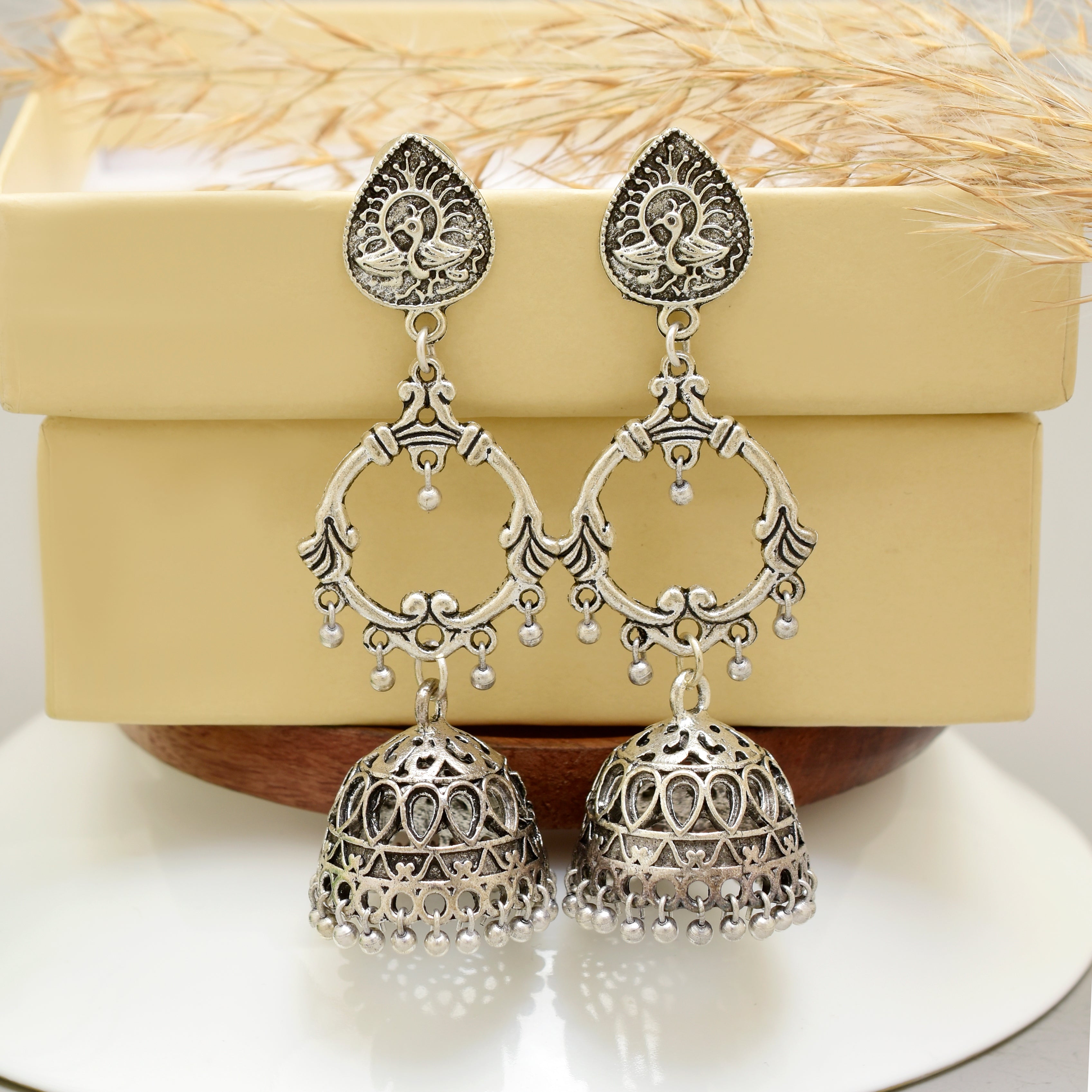 Traditional Oxidised Silver Peacock Motif Multi-Tier Jhumka Earrings – Handcrafted Artisanal Statement Jewelry for Festivals and Ethnic Wear