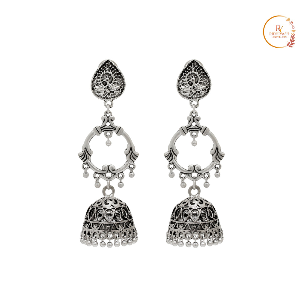 Traditional Oxidised Silver Peacock Motif Multi-Tier Jhumka Earrings – Handcrafted Artisanal Statement Jewelry for Festivals and Ethnic Wear