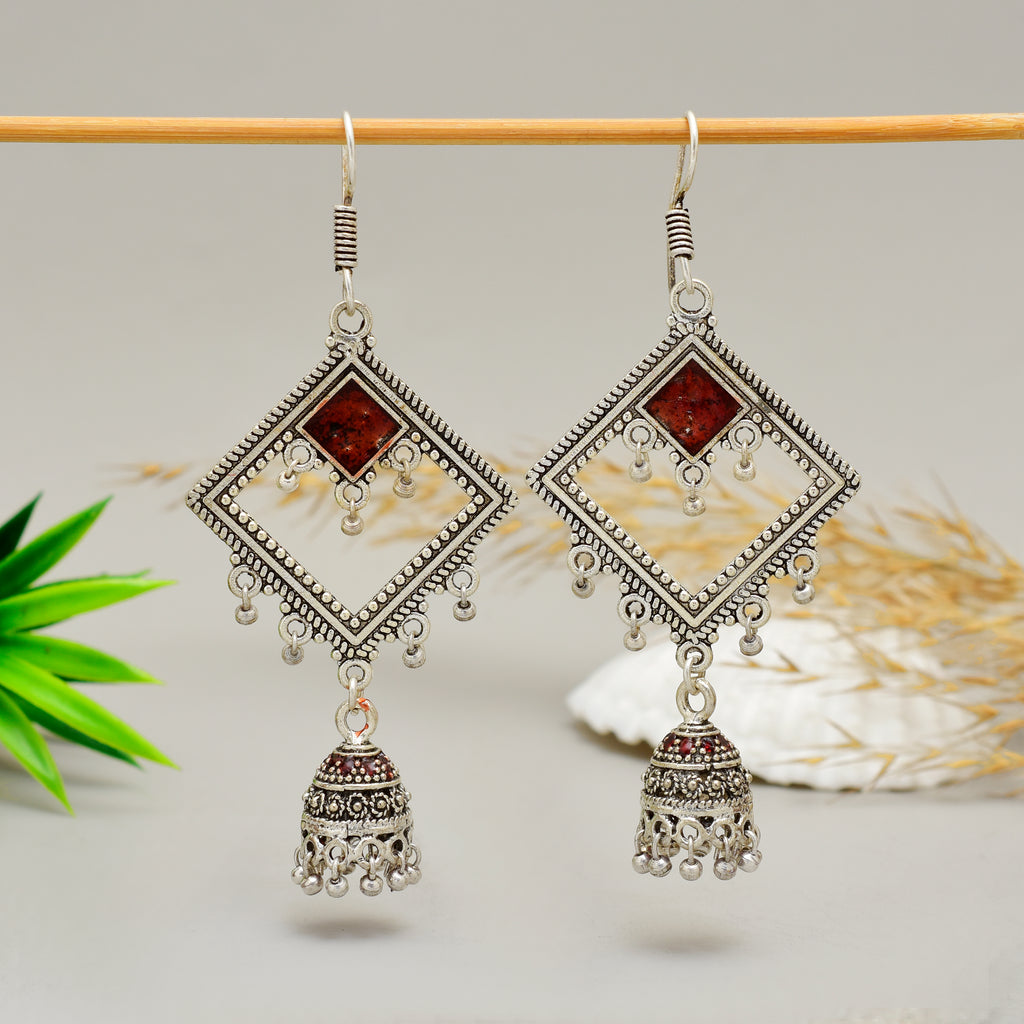 Traditional Oxidised Silver Diamond-Shape Red Stone Jhumka Earrings – Handcrafted Artisanal Statement Jewelry