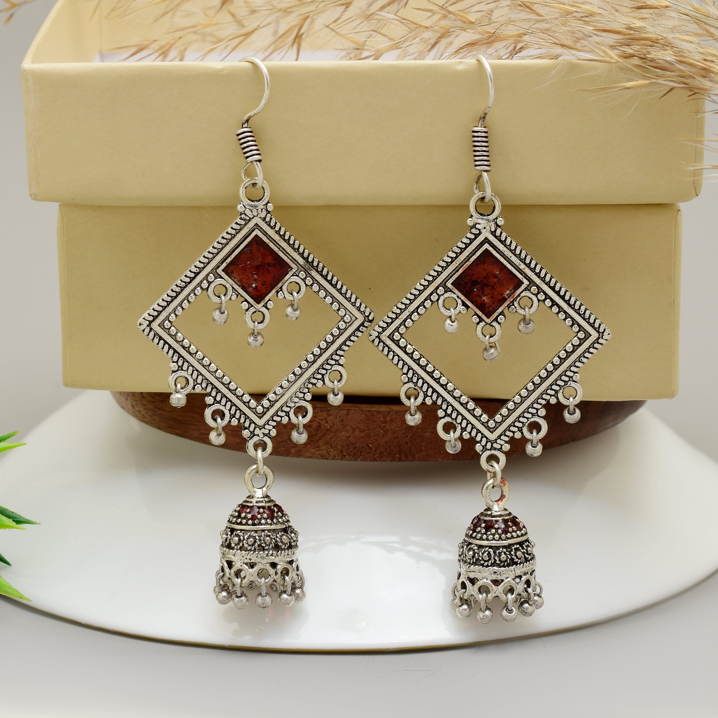 Traditional Oxidised Silver Diamond-Shape Red Stone Jhumka Earrings – Handcrafted Artisanal Statement Jewelry