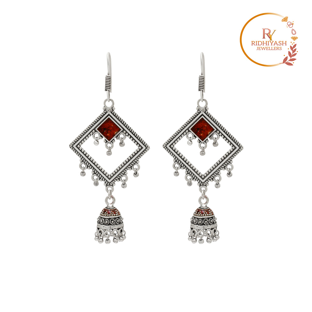 Traditional Oxidised Silver Diamond-Shape Red Stone Jhumka Earrings – Handcrafted Artisanal Statement Jewelry