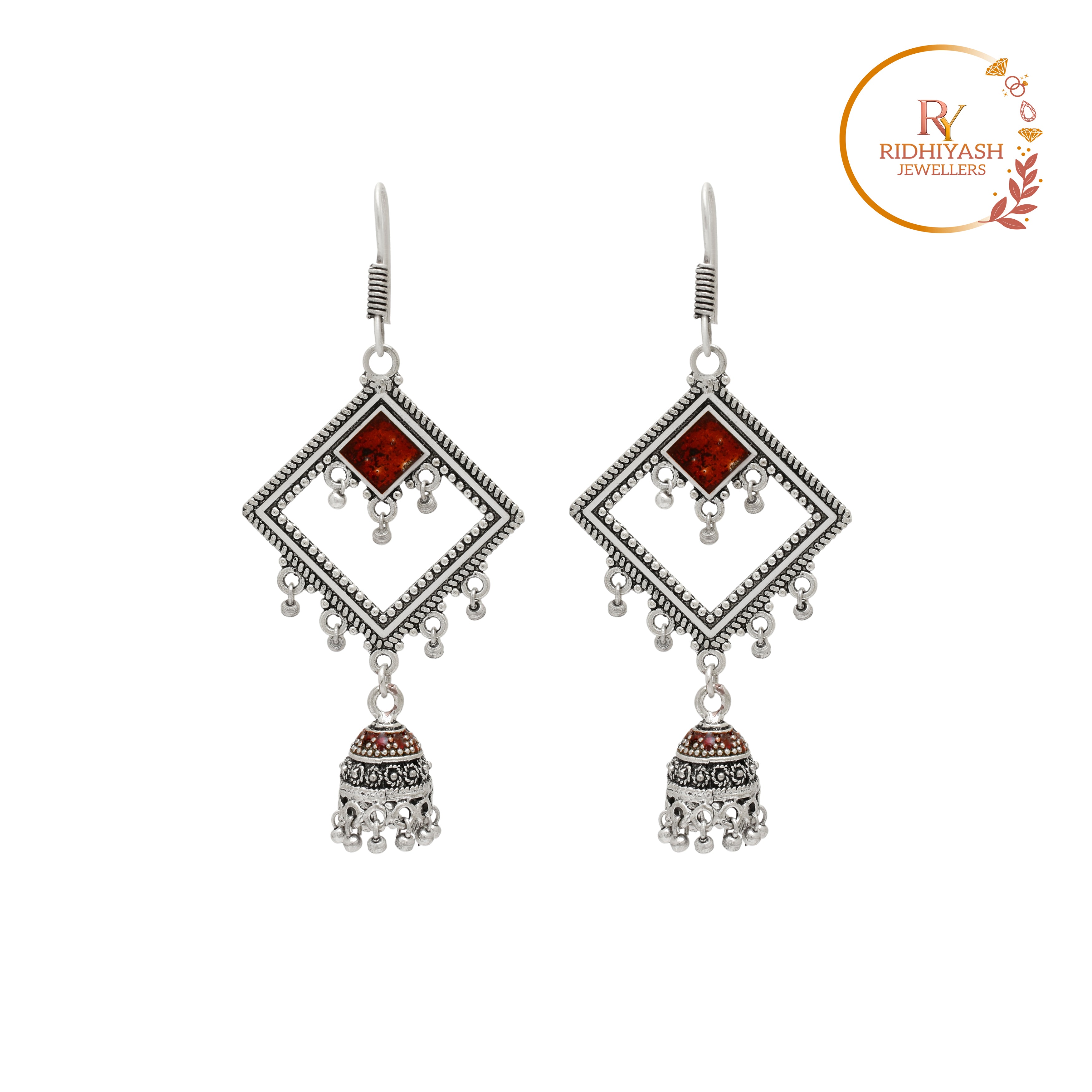Traditional Oxidised Silver Diamond-Shape Red Stone Jhumka Earrings – Handcrafted Artisanal Statement Jewelry
