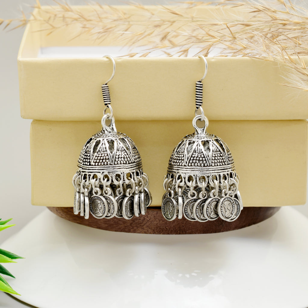 Oxidised Silver-Toned Queen Elizabeth Coin Jhumka Earrings – Traditional Artisanal Statement Jewelry