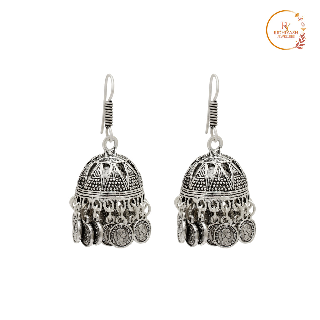 Oxidised Silver-Toned Queen Elizabeth Coin Jhumka Earrings – Traditional Artisanal Statement Jewelry