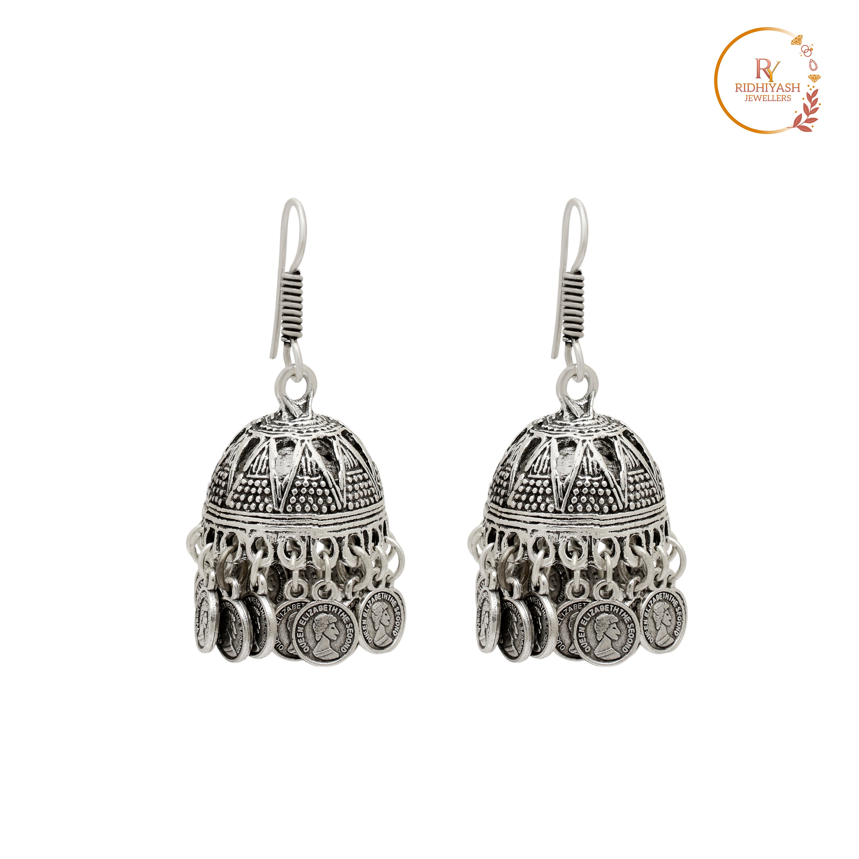 Oxidised Silver-Toned Queen Elizabeth Coin Jhumka Earrings – Traditional Artisanal Statement Jewelry